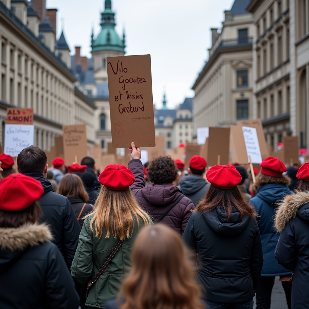 A group of people in red berets participating in a street protest holding signs.