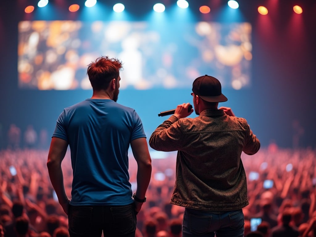 Two performers are on stage at a live event. The person on the left is listening intently, with their arms akimbo, exuding a casual yet attentive demeanor. They are wearing a blue t-shirt and have short, light brown hair. The person on the right is holding a microphone, energetically addressing or performing to the audience. They are wearing a patterned jacket and a cap, passionately engaging in their performance. The background is filled with stage lights and a large crowd, capturing the lively atmosphere of the event. A screen above shows a larger view of the stage, enhancing the ambiance of a concert or live show.