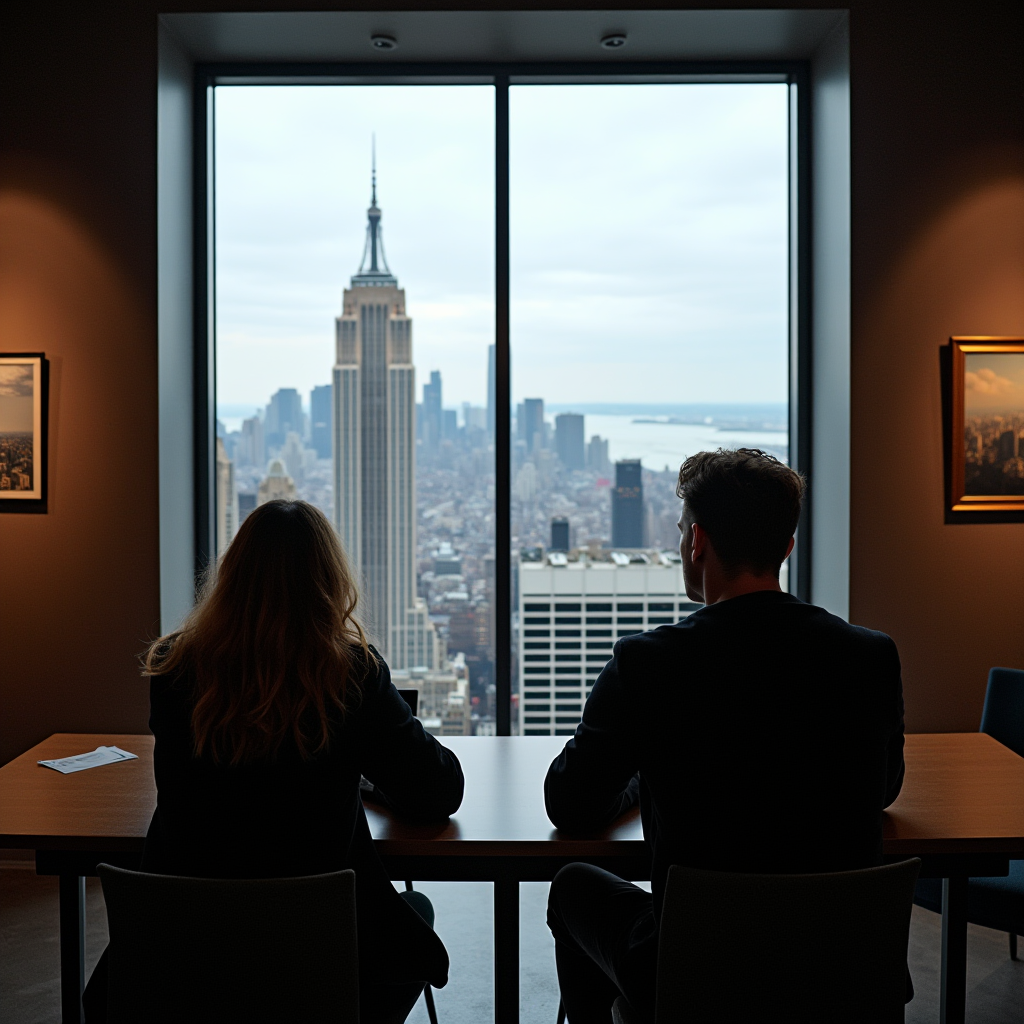 Two people sit at a table, looking out a large window at a city skyline featuring a tall building.