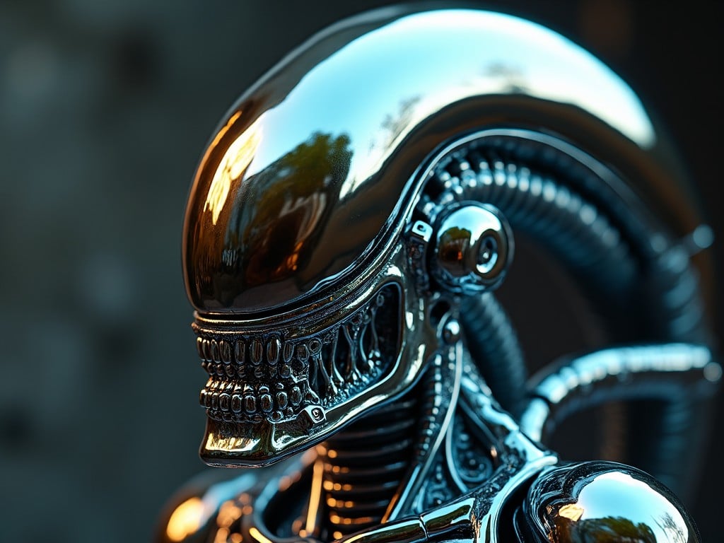 This image features a highly detailed, metallic alien robot with a shiny silver surface. It showcases the head and upper body in a close-up view. The robot's intricate design includes prominent features like an elongated head and a mechanical spine. Soft lighting plays across the surface, creating reflections and emphasizing the sleek texture. Its futuristic appearance evokes themes common in science fiction films and literature.