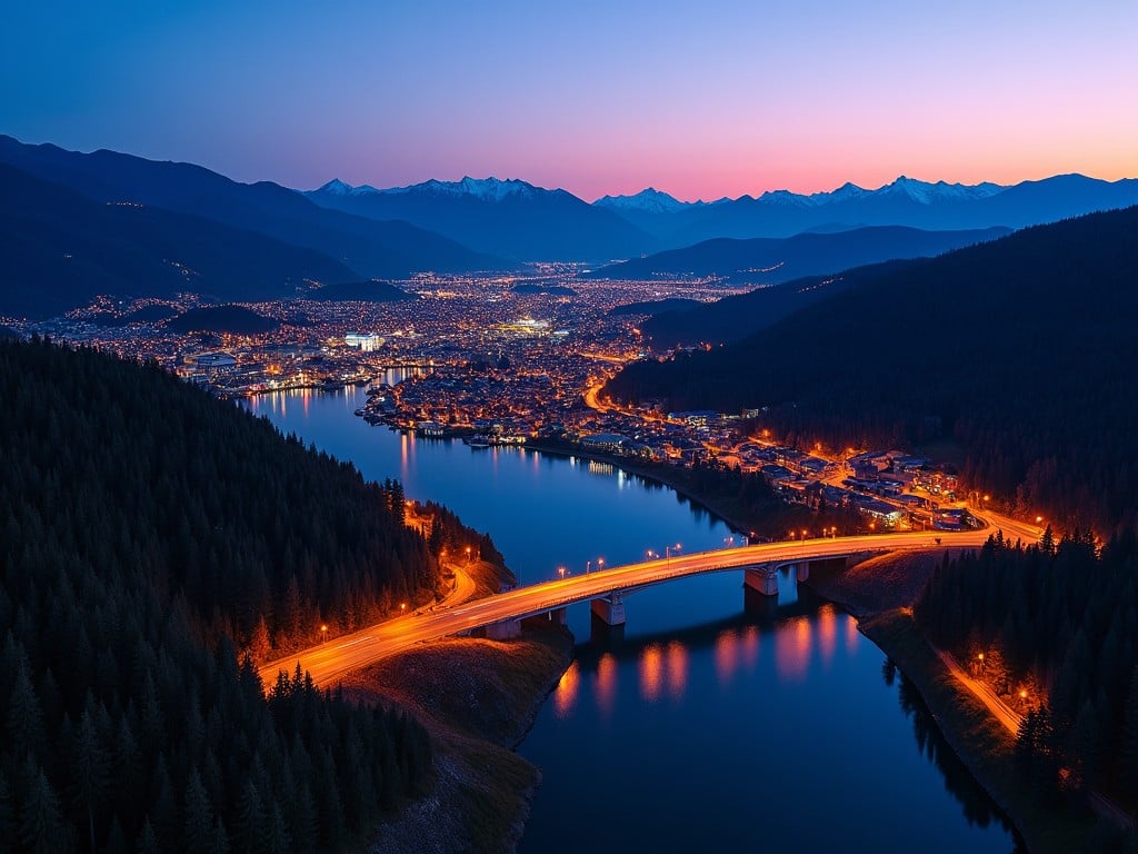 An aerial view of a city at twilight with a brightly lit bridge over a river and mountains in the background.