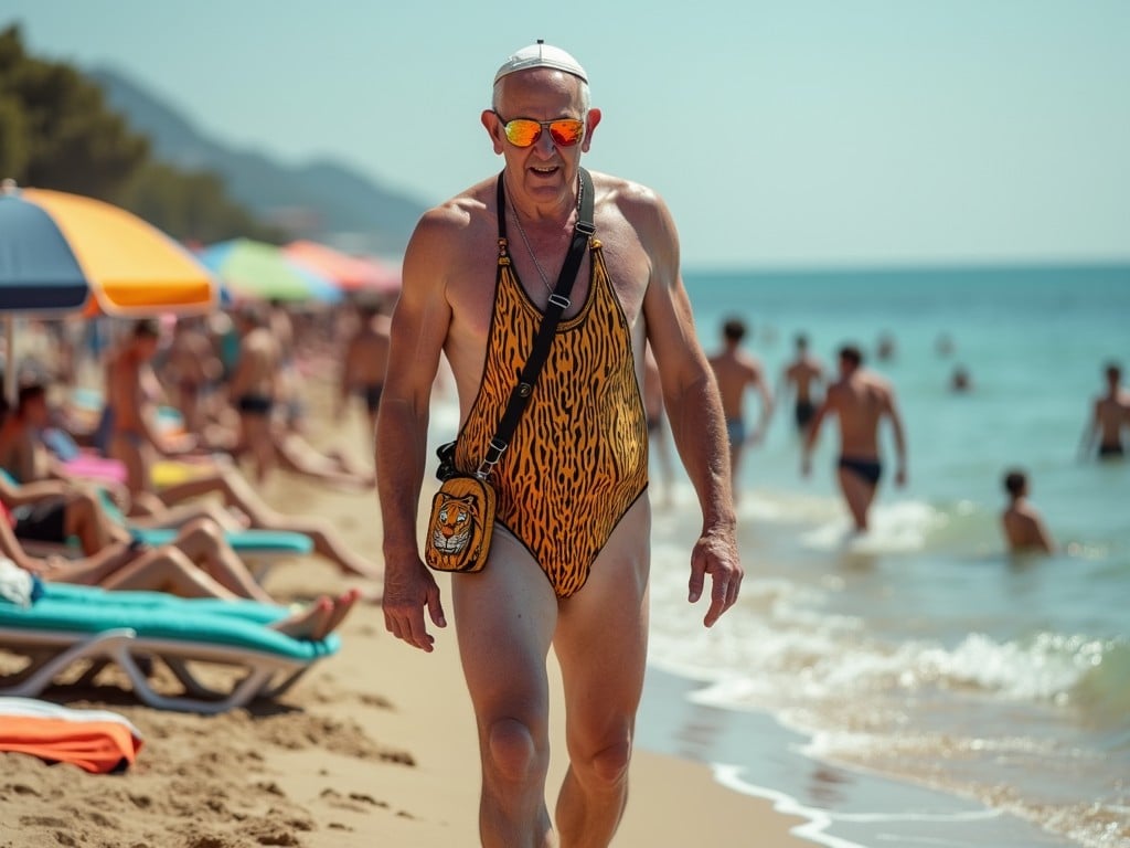 The image captures a man confidently walking along a crowded beach, wearing a distinctive tiger-print swimsuit and sunglasses. The background is lively with colorful beach umbrellas and people enjoying the water, under a bright, sunny sky. This vivid scene exudes a cheerful, carefree summer vibe.