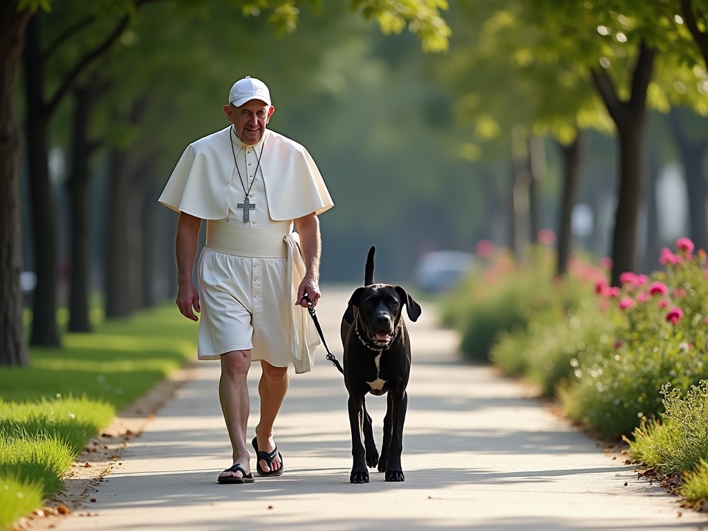 A figure dressed in a modified clerical outfit walks a large black dog on a serene pathway bordered by lush greenery and flowering plants. The scene suggests a relaxed, peaceful atmosphere with the sun softly illuminating the setting, creating a warm and inviting ambiance.