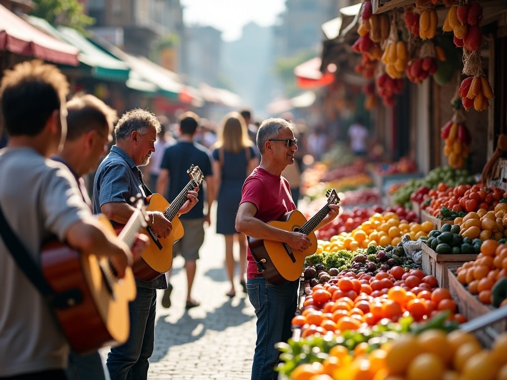 The image portrays a lively open-air market filled with colorful fruit stands, showcasing a variety of fruits. In the heart of the market, street musicians are playing guitars, adding a vibrant atmosphere. Vendors and shoppers are mingling, enjoying the mix of sights and sounds. The sunlight casts a warm glow over the scene, highlighting the vivid colors of the fruits. This bustling environment captures a sense of community and local culture, inviting viewers to feel the energy of the market.