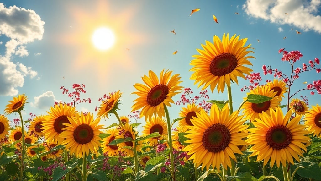 This vibrant image captures a lively field of sunflowers basking under a radiant sun. The bright yellow petals of the sunflowers contrast beautifully with the clear blue sky, while smaller pink flowers add a splash of color. Butterflies are scattered throughout, enhancing the scene's feeling of life and movement.