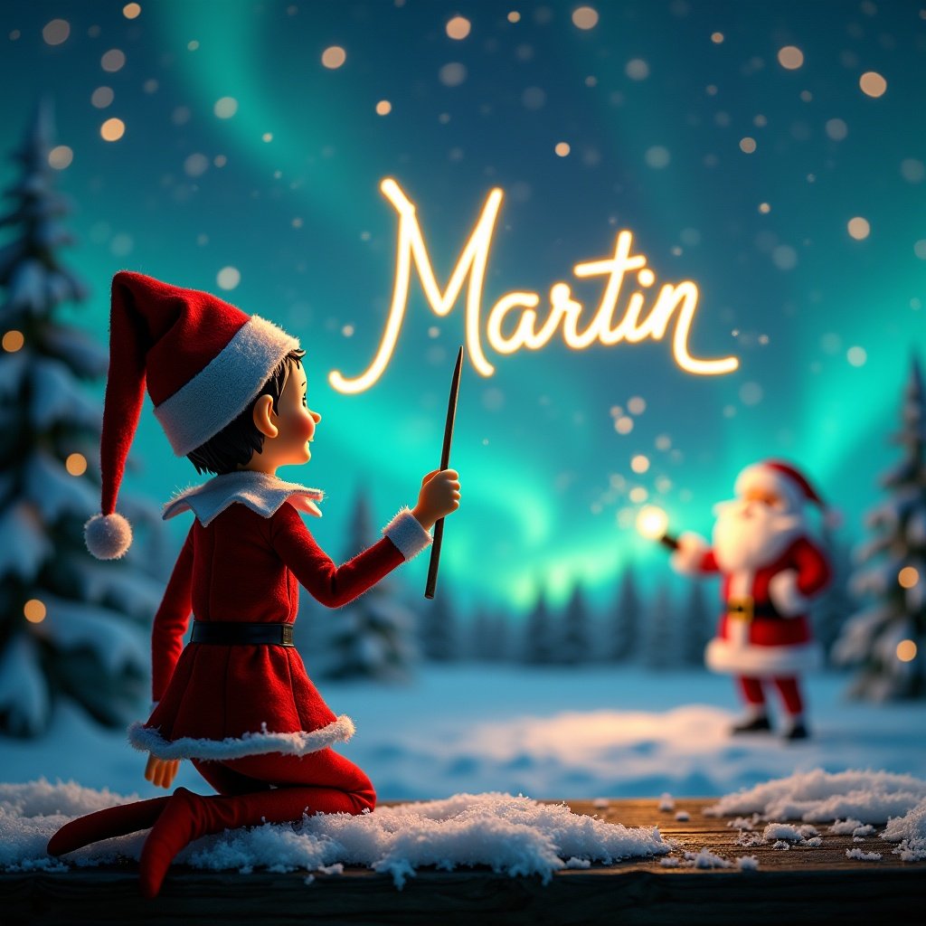 This enchanting Christmas scene features an elf on the shelf, dressed in traditional festive attire, facing away from the viewer. The elf is using a magic wand to write the name 'Martin' in the starry night sky, creating a sense of wonder. The background is adorned with vibrant northern lights, enhancing the magical atmosphere. In the distance, Santa Claus is also present, elegantly crafting 'Nevaeh2019' in the air with his wand. The snow-covered ground completes the winter wonderland vibe, embodying the true spirit of Christmas joy.