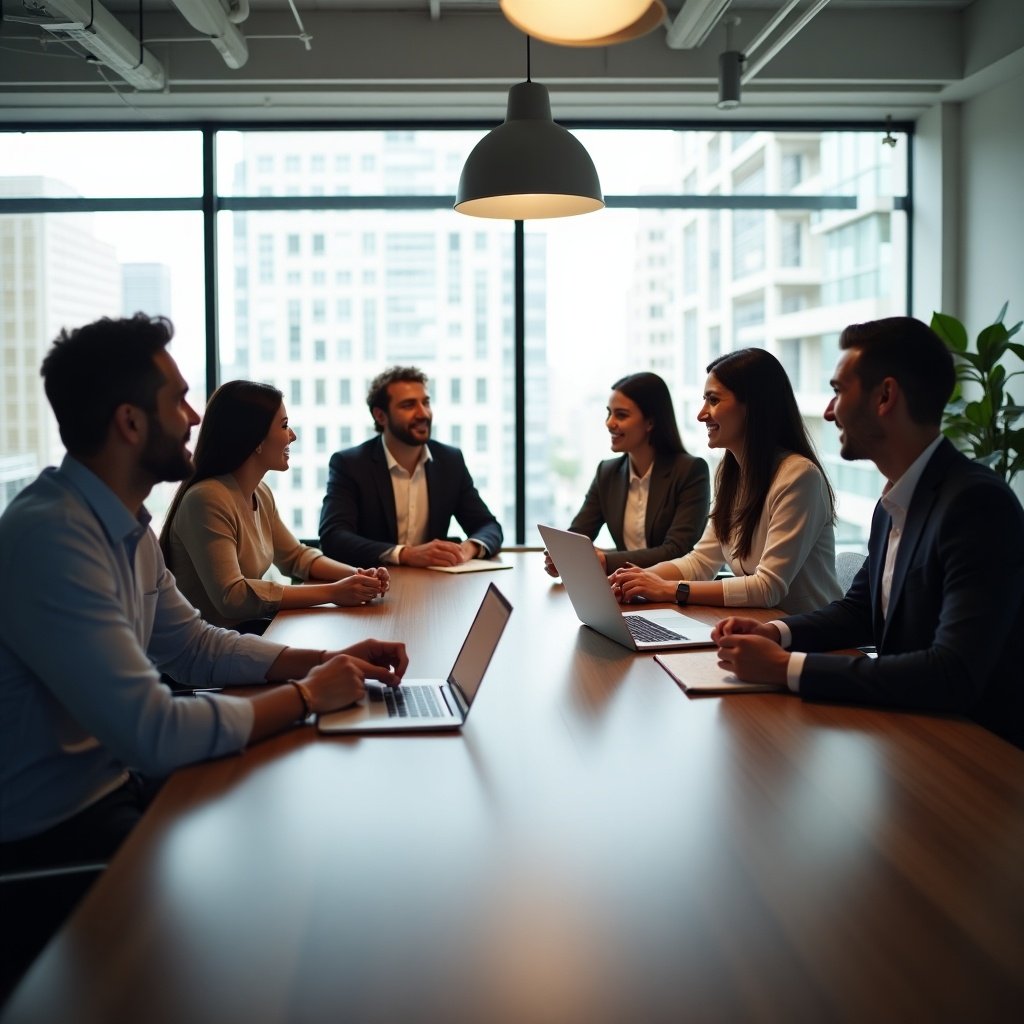 A diverse group of six professionals is gathered around a large table in a modern office. They are engaged in a business meeting, smiling and actively participating in the discussion. The room is well-lit with natural light streaming through large windows. Each person has a laptop or notebook in front of them, indicating a productive session. The atmosphere is friendly and collaborative, reflecting a positive work environment.