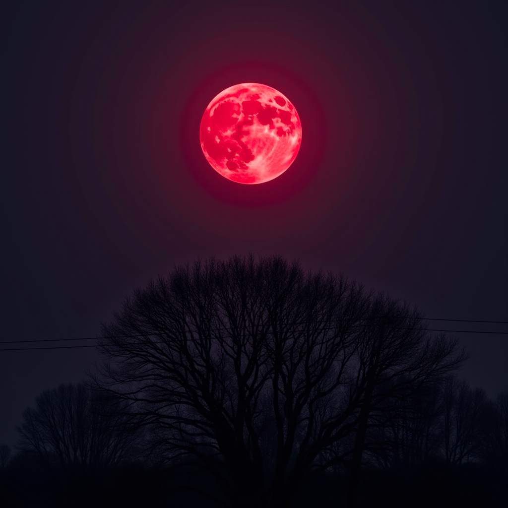 A vibrant red moon illuminates the night sky above silhouetted tree branches.