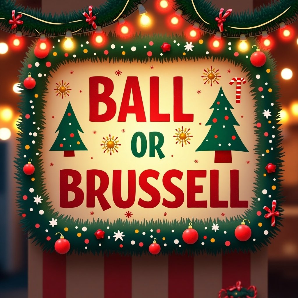 This image features a vibrant Christmas fair stall banner for the Ball or Brussell game. The banner is adorned with festive decorations including Christmas trees, ornaments, and a candy cane. The main text, 'BALL or BRUSSELL,' is written in bold, colorful letters. Soft, warm lights create a cozy holiday atmosphere. Overall, it embodies the spirit of festive fun suitable for a holiday fair or event.