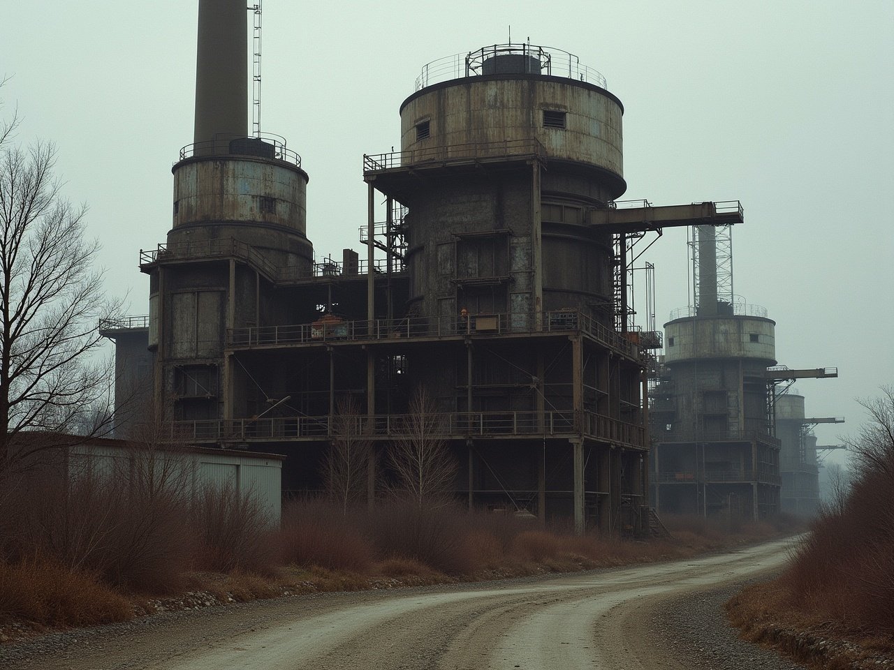 An abandoned industrial site with rusting equipment and buildings, set against an overcast sky for a post-apocalyptic feel.