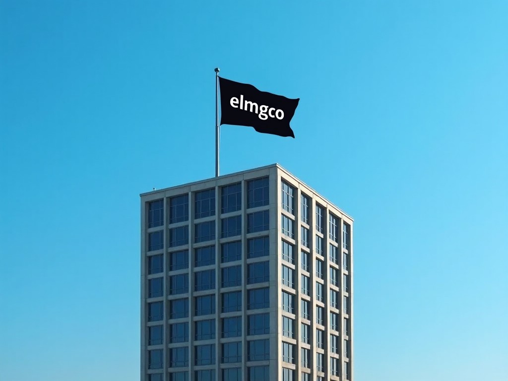 The image showcases a tall building set against a clear blue sky. Atop the building, a striking black flag waves, boldly displaying the name 'elmgco' in white letters. The sunlight illuminates the structure, highlighting its architectural features. This image could be used for various purposes, from corporate branding to real estate marketing. The contrasting colors between the flag and the sky create a visually appealing effect, making it an ideal choice for business presentations or promotional materials.