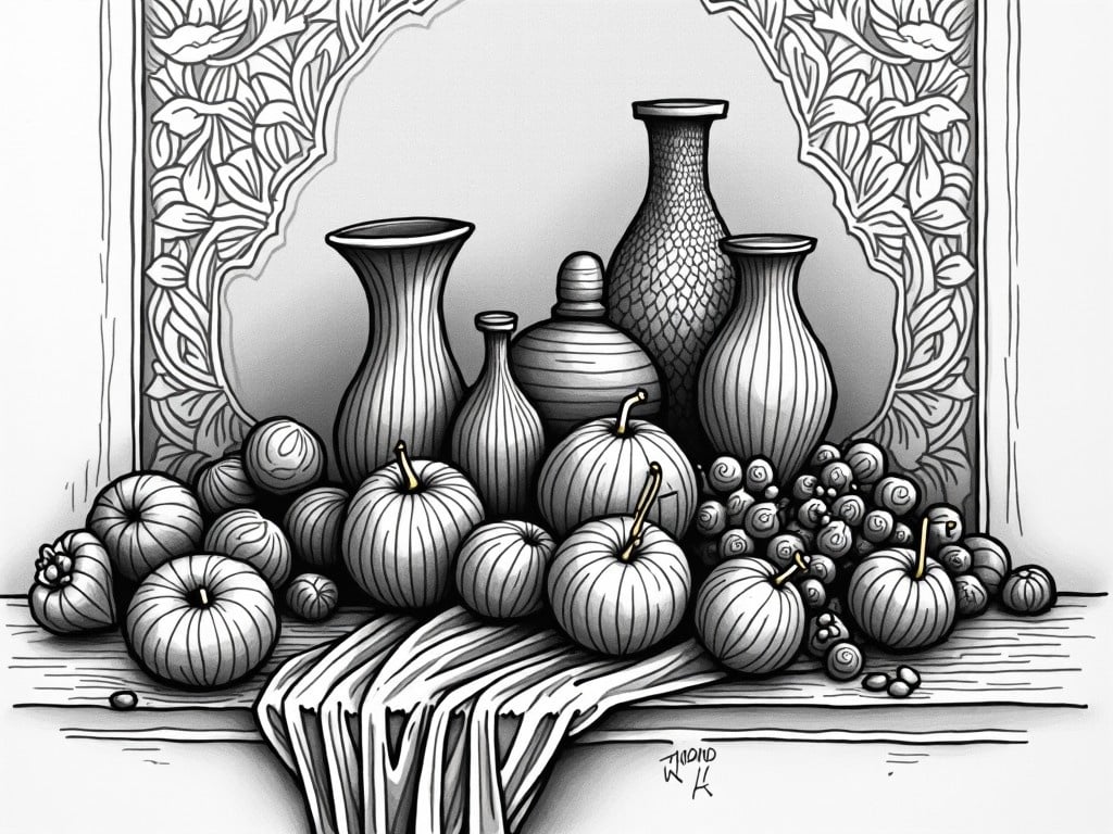 A black-and-white stylized drawing created with markers and liners. The composition includes various objects like vases, fruits, and a textured fabric. The elements are arranged on a surface, complemented by intricate patterns in the background. The lines are bold and expressive, creating a dynamic visual appeal. The contrasts in shading enhance the depth of the drawing, making the objects stand out. This artwork combines realism and abstraction harmoniously.