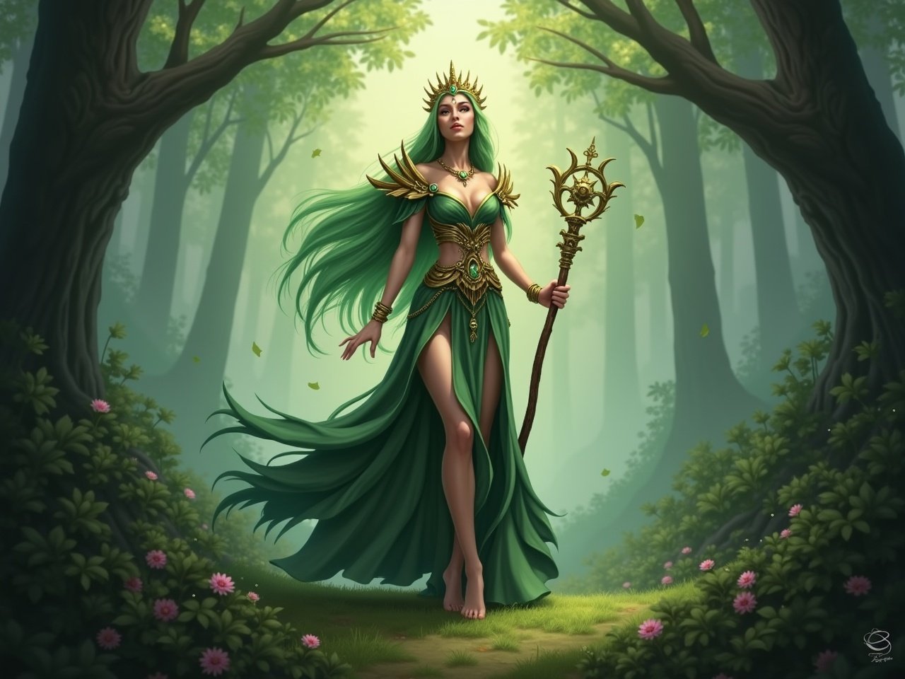 The image depicts a fantasy queen standing in a mystical forest. She has long, flowing green hair and is adorned with a golden crown and elegant jewelry. Her dress is green with golden accents, featuring a high slit. In one hand, she holds a magical staff made of wood. The background is filled with lush greenery and soft, ambient light, enhancing the magical atmosphere of the scene. Tiny flowers bloom at her feet, adding a touch of color to the forest floor.