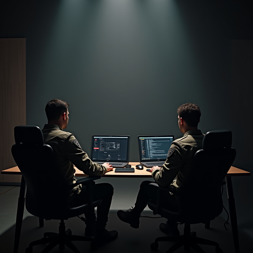 Two individuals in a dimly lit room work on laptops with programming environments open, seated back-to-back at a wooden table.