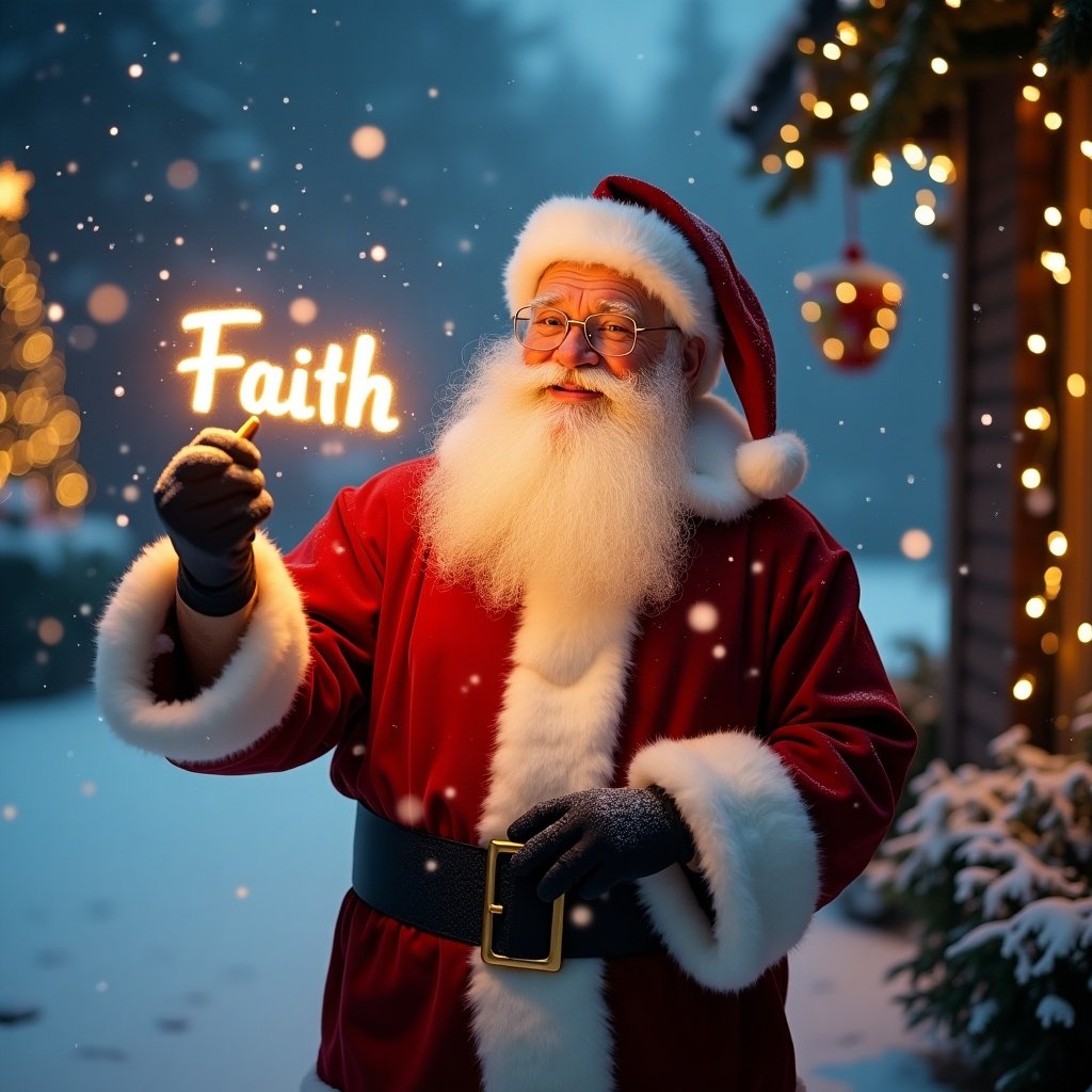 The image depicts a jolly Santa Claus celebrating Christmas night. He wears a traditional red suit and white fur trim, and is surrounded by softly falling snow. Santa is joyfully holding a glowing stick that lights up the word 'Faith.' The background features twinkling fairy lights and gently illuminated Christmas trees. This scene evokes a sense of warmth and magic associated with the holiday season. The atmosphere is serene and festive, capturing the essence of family celebrations during Christmas time.