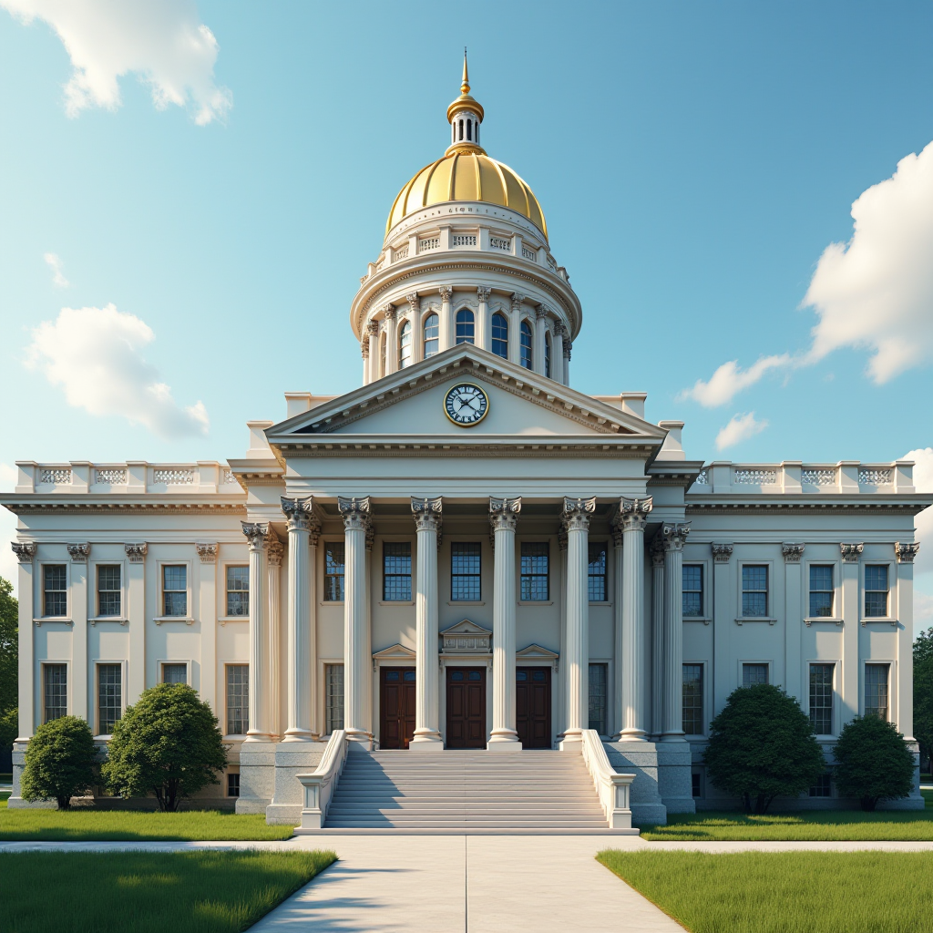 A grand neoclassical building with a golden dome and clock adorning its facade, set against a clear blue sky.