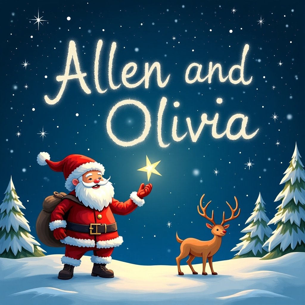 The image features Santa Claus joyfully writing names in the night sky. He stands in a snowy landscape, surrounded by tall evergreen trees. A playful deer is beside him, adding to the festive charm. The text 'Allen and Olivia' is beautifully crafted with a sparkling effect. The entire scene radiates warmth and holiday cheer. This illustration captures the magic of Christmas for children and families alike.