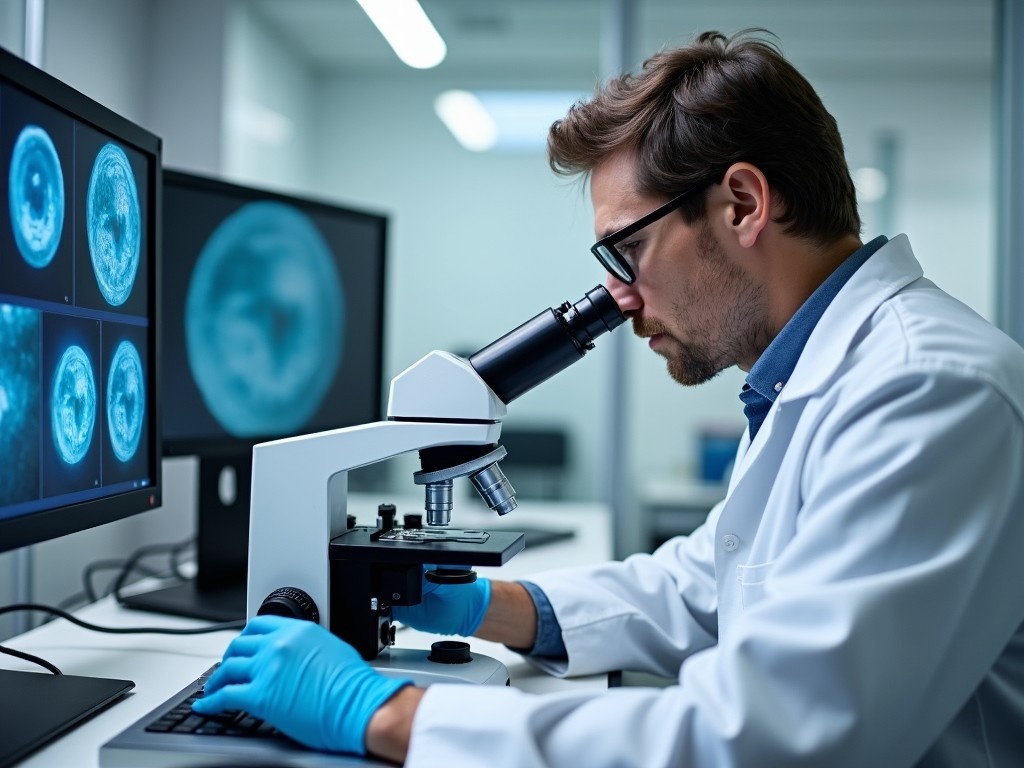 A dedicated scientist is examining a human embryo specimen under a microscope. The lab is illuminated with bright lights, showcasing an array of modern research equipment. On the nearby screens, magnified images of the embryo are displayed, highlighting intricate details. The scientist is dressed in a white lab coat and glasses, portraying professionalism. The image captures the blend of classic scientific techniques and cutting-edge digital technologies in a research setting. This scene illustrates the important work being done in the field of biomedical research.