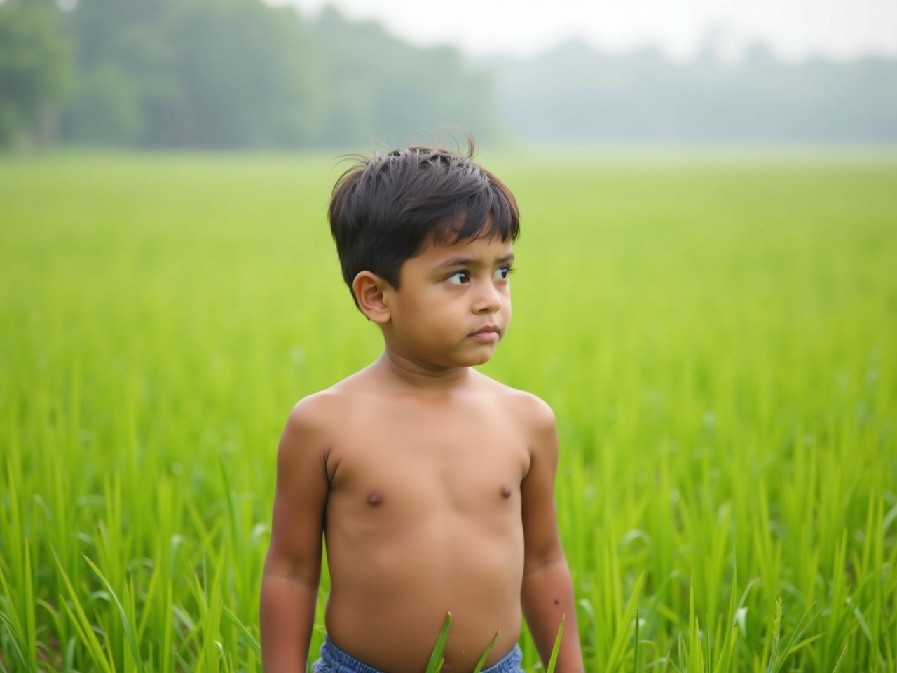 A young boy, shirtless, stands in the middle of a lush green field. He looks contemplatively into the distance. The tall grass surrounds him, creating a sense of connection to nature. The background is softly blurred, emphasizing the boy as the main subject. The natural lighting enhances the tranquility and innocence of the scene.