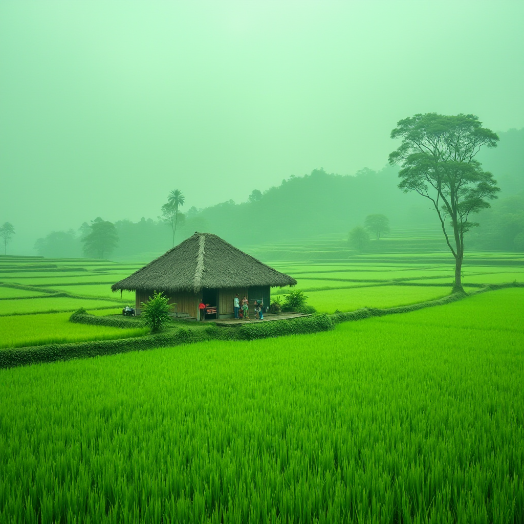 A serene hut surrounded by lush green rice paddies under a misty sky.