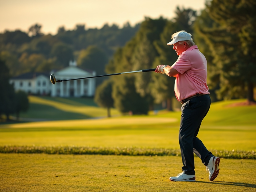 A golfer in a pink shirt and cap mid-swing on a golf course, with a historic-looking white building in the background and trees surrounding the area. The scene is bathed in soft, golden sunset light.