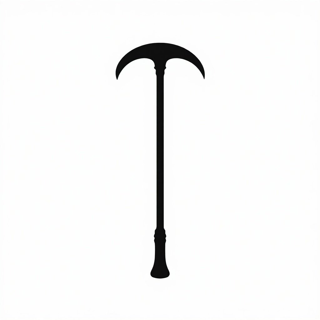 This image features a minimalistic black silhouette of a sickle on a plain white background. The sickle boasts a sharp, crescent-shaped blade curving outward with a finely pointed tip. Its handle is short, straight, and rounded at the end, thicker than the blade for ergonomic handling. The overall design exhibits clean and modern aesthetics, characterized by smooth, bold lines that highlight the sickle’s iconic shape. This simple yet striking representation captures the essence of this traditional agricultural tool.