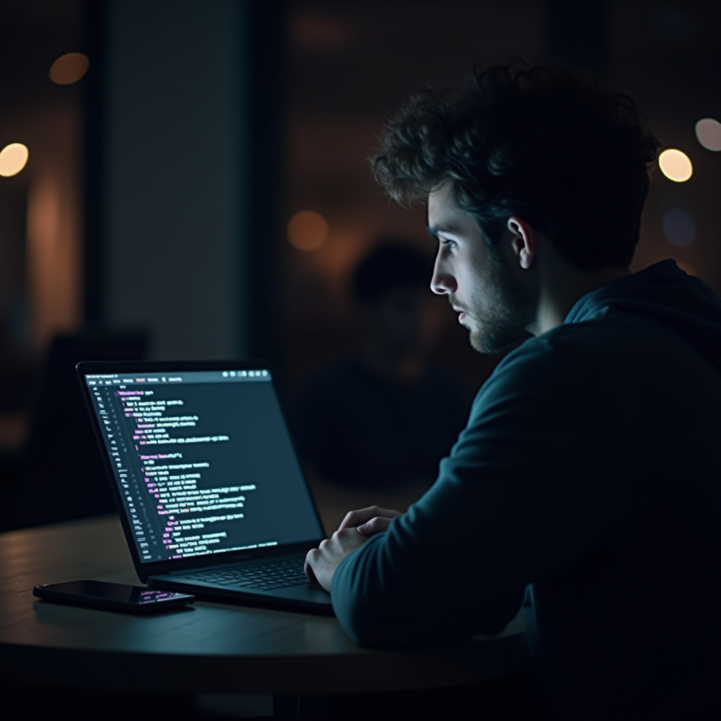 A person sits in a dimly lit room, focused on coding on a laptop.