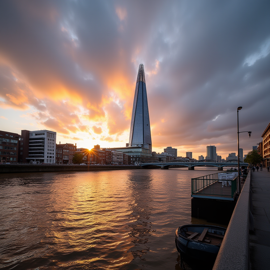 A dramatic sunset casts vibrant orange hues over a modern cityscape with a distinctive pyramid-shaped building by the river.