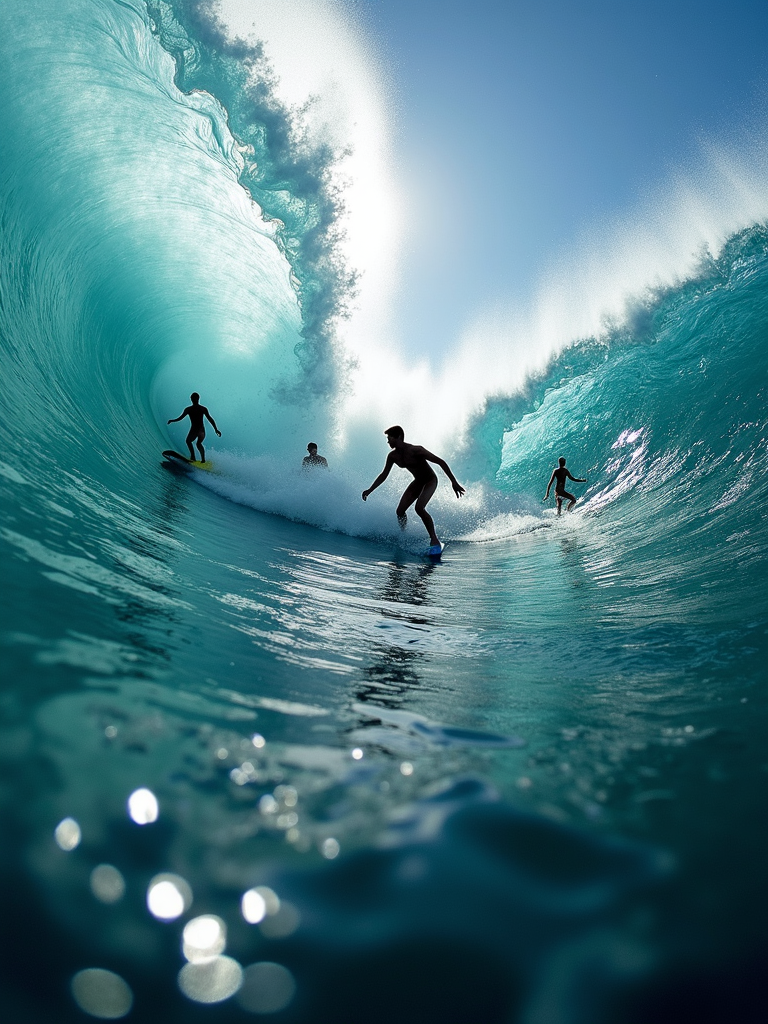 Surfers gracefully ride a large, curling wave under a clear blue sky.