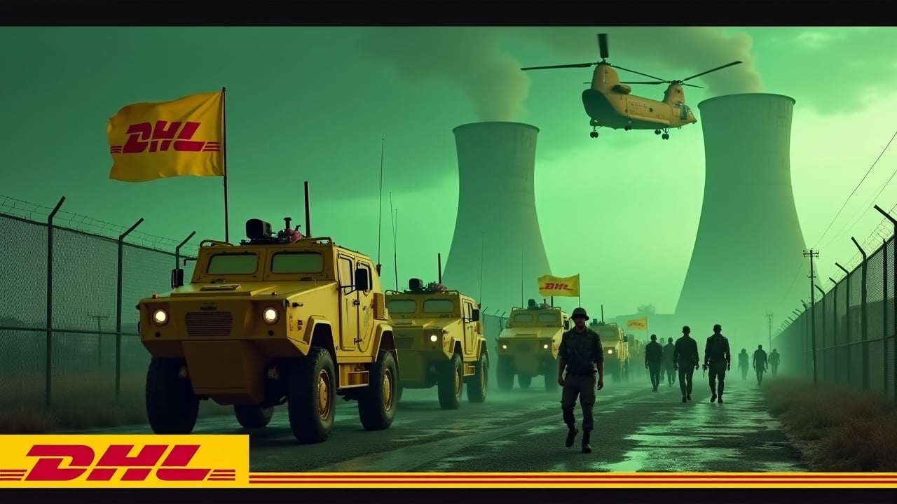 In a dramatic scene, several yellow armoured vehicles drive up to a fence. The armoured vehicles are painted with the DHL logo. Nearby, several soldiers holding rifles are seen marching together in unison. One soldier stands valiantly holding a flag with the DHL logo. In the background, we can see the smokestacks of a nuclear power plant, glowing green. The sky is illuminated by an evil green glow, and a large yellow Chinook cargo helicopter flies above, adding to the intensity of the scene. At the bottom, we see the DHL logo, displayed in bold, yellow text.