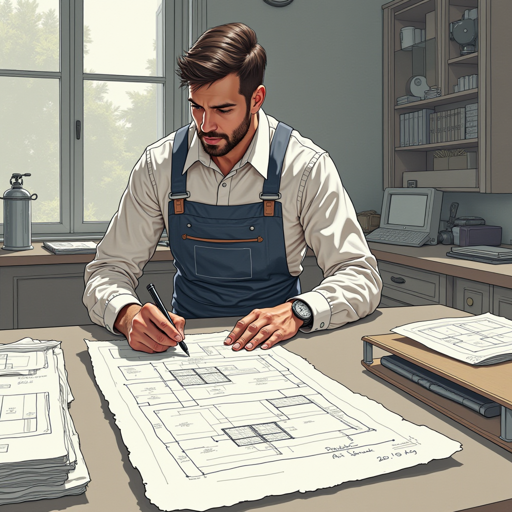 A man in overalls attentively working on architectural blueprints in a sunlit office.