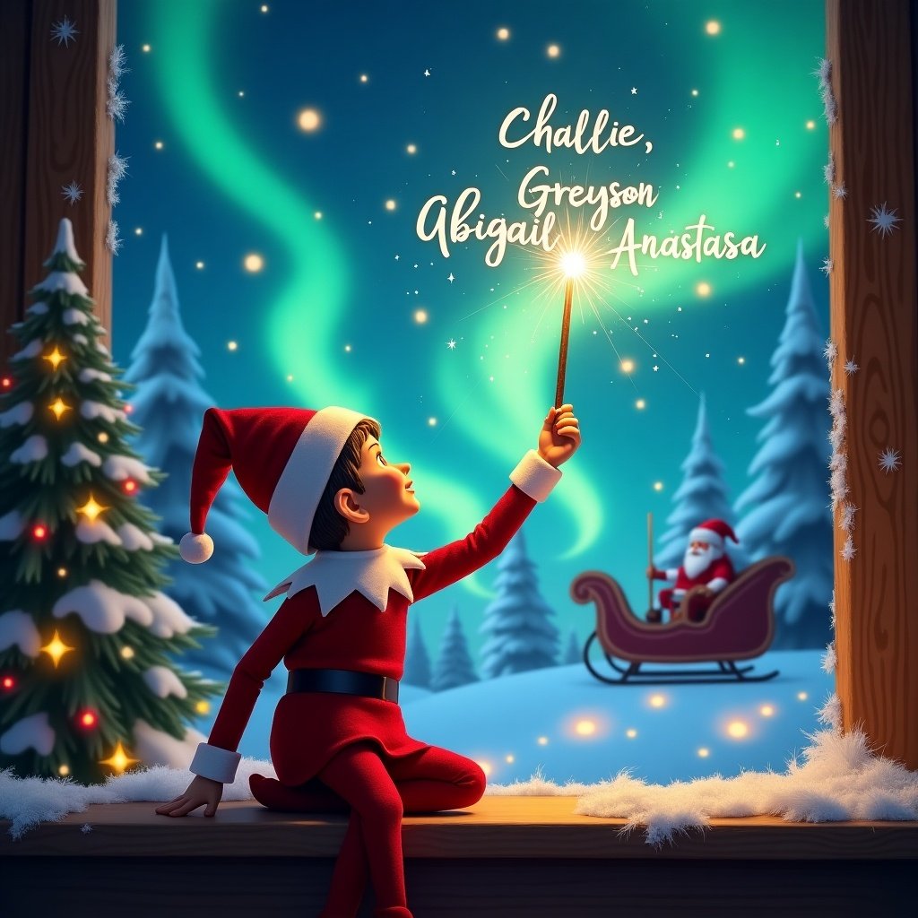 The image features an enchanting scene of the 'Elf on the Shelf' character, sitting on the ledge of a window with his back to the viewer. He has turned his head towards the sky, joyfully using a wand to write names in the air. The magical background is filled with beautiful northern lights swirling in a sky of green and blue. Through the window, Santa can be seen in his sleigh, adding to the festive spirit. Tiny sparkling stars float around, emphasizing the magical atmosphere. This scene captures the essence of Christmas and childhood wonder.