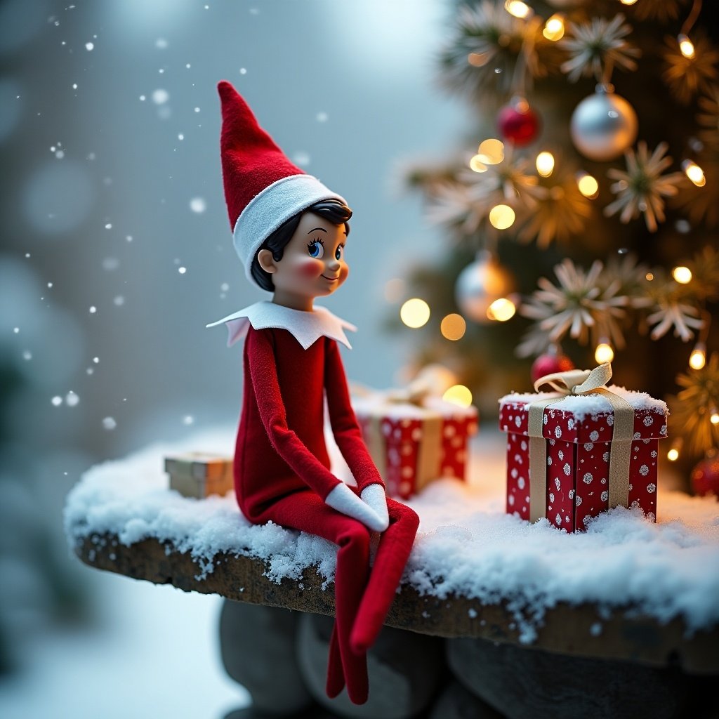 The image features an elf on the shelf named Rosie, sitting on a snowy stone ledge. In the background, a beautifully decorated Christmas tree twinkles with lights and ornaments. Snow gently falls around Rosie, enhancing the winter wonderland feel. Below the elf, there are colorful presents, adding to the festive atmosphere. This scene captures the magical essence of Christmas and the joy of the holiday season.