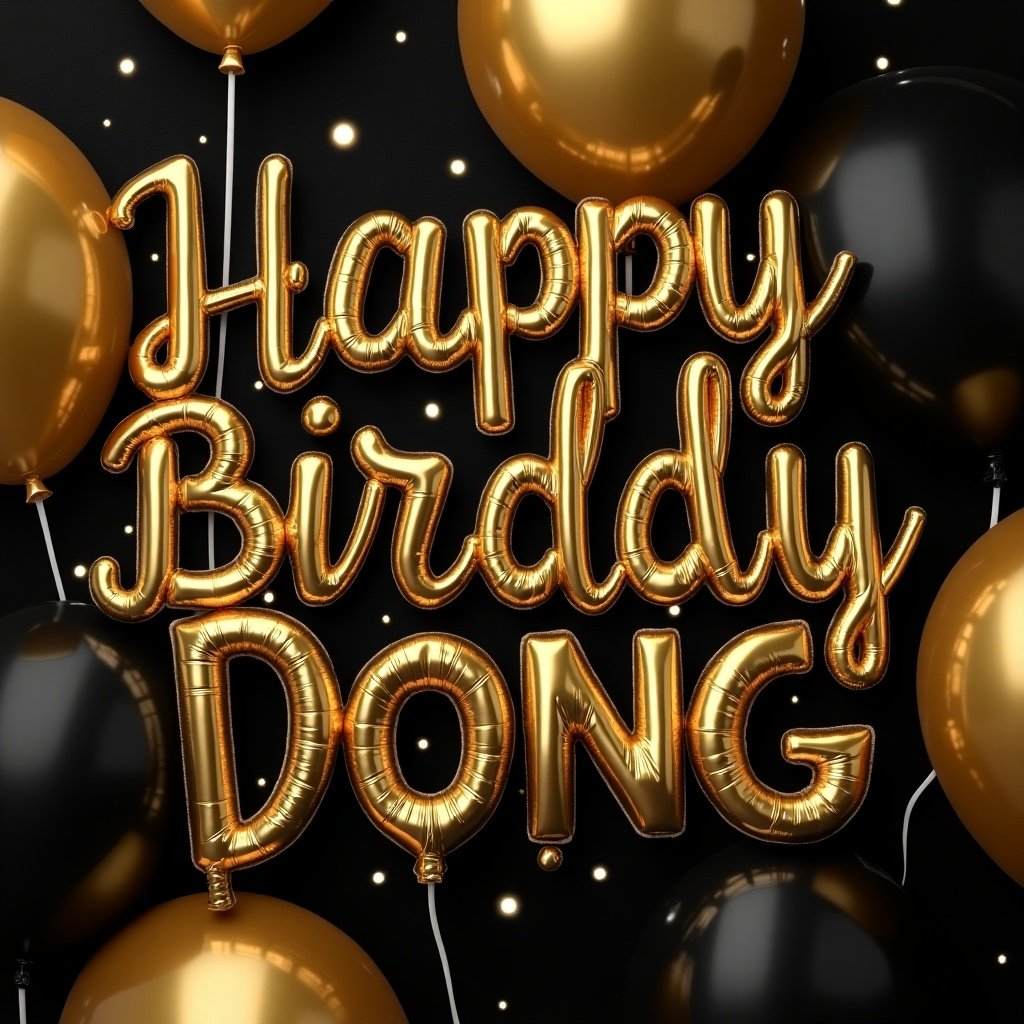 The image features a festive birthday theme with a background of black and gold balloons. Prominently displayed in the center are golden, balloon-style letters spelling 'Happy Birddy DONG'. The playful typography is designed to evoke joy and celebration. Twinkling lights add to the warmth and festive spirit of the image. This setup is ideal for birthday-related events or messages, especially to celebrate a loved one. The mix of black and gold gives a classy yet fun aesthetic, perfect for a special occasion.