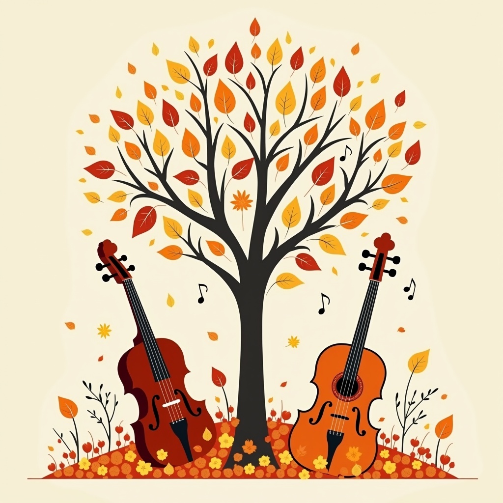 A whimsical illustration of two cellos on either side of a tree with autumn leaves, colorful and musical theme.