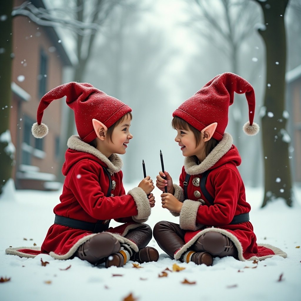 This enchanting image features two cheerful elves sitting outside on a snowy day. They are dressed in iconic red outfits with pointy hats, embodying the magic of the holiday season. The scene captures them as they playfully write the name 'Owen' in the sky with their colorful pens. The snowy landscape is adorned with soft snowflakes falling gently around them, enhancing the whimsical atmosphere. Their joyful expressions and festive attire evoke warm feelings of joy and wonder during the holiday season.