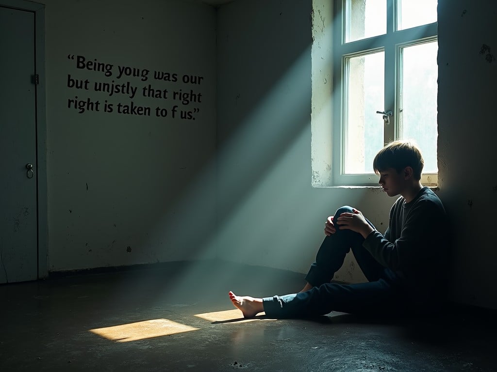 a contemplative boy sitting alone on the floor in an empty room, natural light streaming through a window, dramatic shadow play, melancholy atmosphere