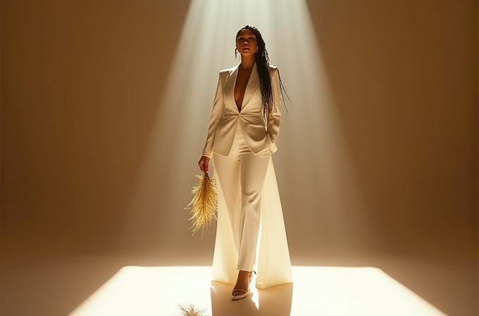 A woman in a stylish white suit is dramatically lit by a spotlight, standing confidently while holding a bouquet of pampas grass.