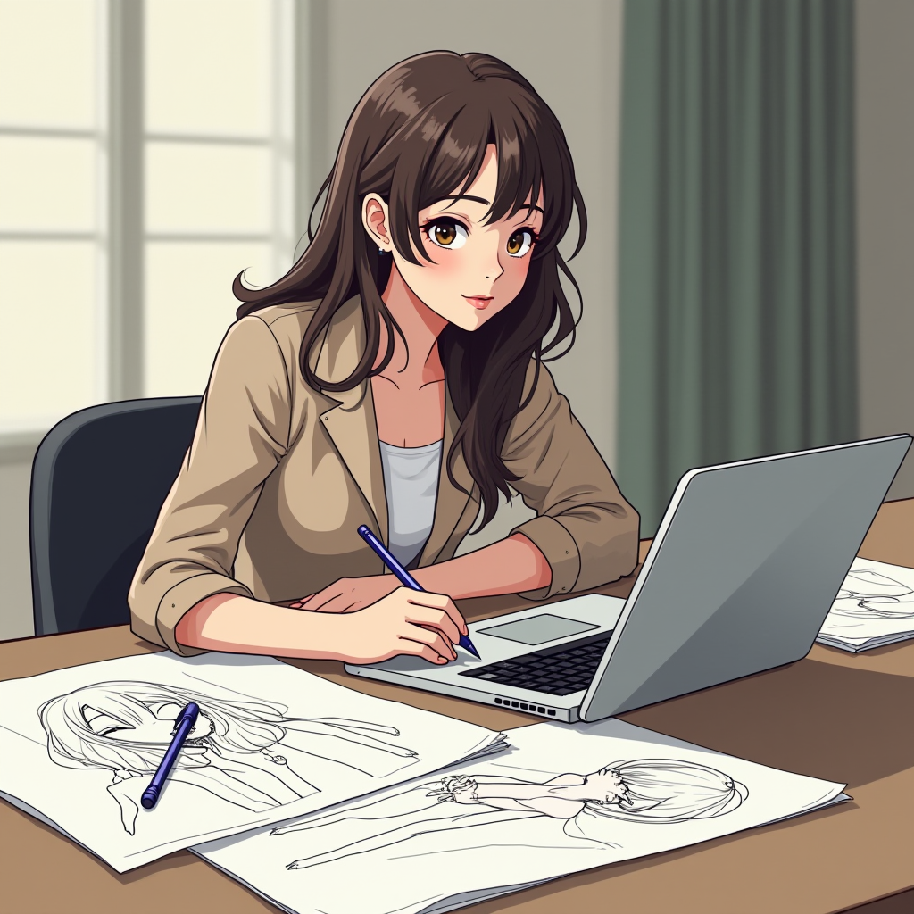 The image depicts an anime-style illustration of a young woman engaged in drawing. She has long brown hair and is wearing a light brown jacket over a white top. The woman is seated at a desk in a well-lit room with a laptop open in front of her. Her attention is focused on sketching with a pen on paper sheets spread out on the table. The sketches depict different anime characters in various poses. The setting appears to be a studio or an office, as indicated by the neutral background and large window, which allows natural light to fill the space.