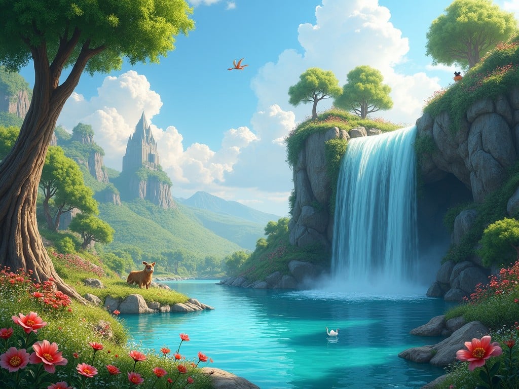 A picturesque fantasy landscape featuring a cascading waterfall into a turquoise lake, surrounded by lush greenery and vibrant flowers, with a castle on a distant hill and a serene sky.