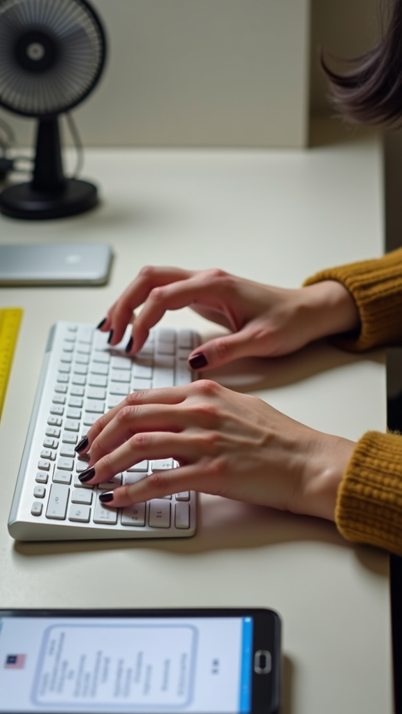 A person with dark nail polish types on a white keyboard next to a smartphone displaying a document.