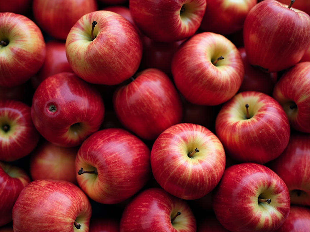 A pile of glossy, vibrant red apples with yellow highlights, fresh and ready to eat.