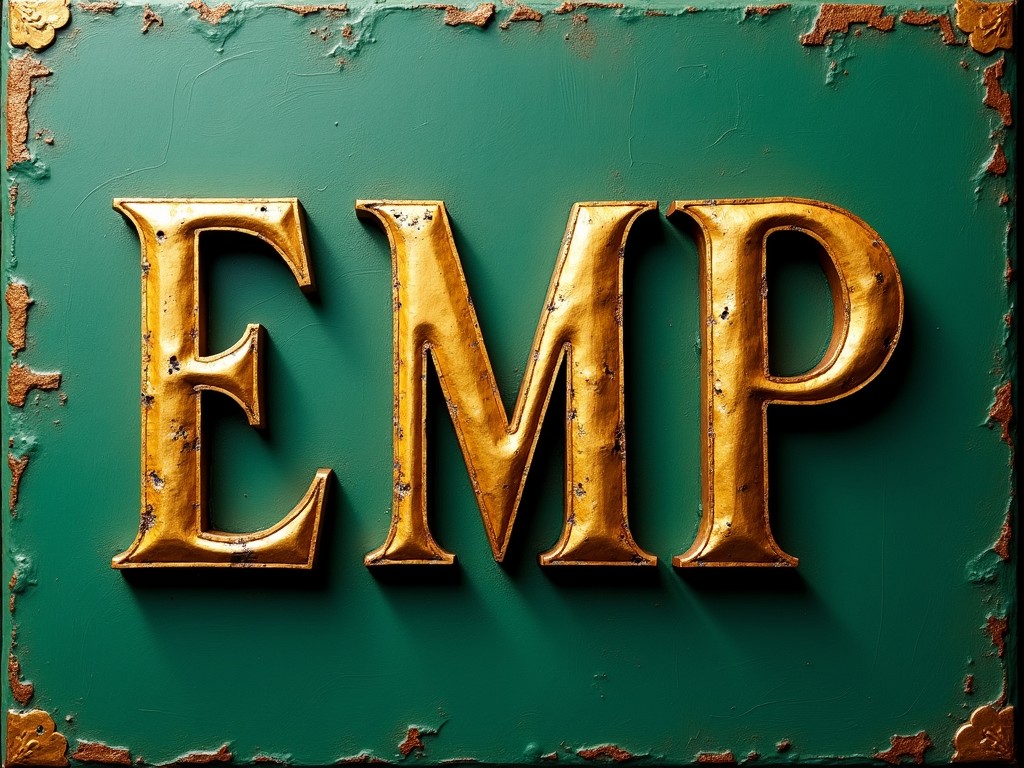 This image showcases the letters 'EMP' prominently displayed in a vintage sign style. The bold, gold letters are set against a rich green background, giving a classic and timeless feel. The edges show signs of weathering, adding a historical and rustic touch to the sign.