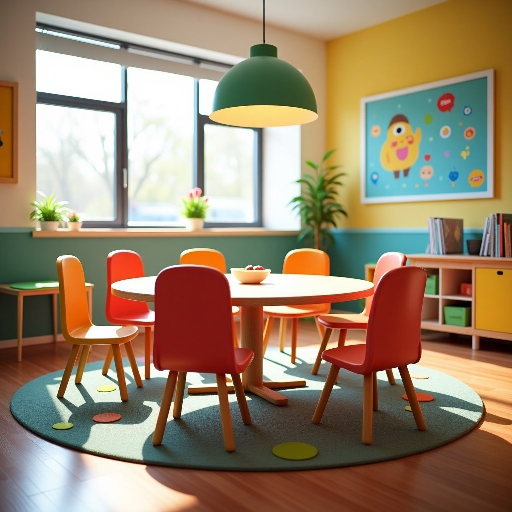 This image showcases a co-studying room designed for young children, featuring a vibrant and inviting atmosphere. The room includes a round table that can accommodate eight students, making it perfect for collaborative learning. Surrounding the table are colorful chairs — orange and red — creating a cheerful and engaging environment. Natural light pours in through the windows, adding warmth alongside a stylish green pendant lamp. The space is decorated with playful artwork and plants, creating an ideal setting for young learners to interact and study together.