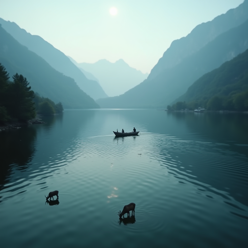 A scenic lake view with a boat and two deer wading in the water surrounded by mountains.