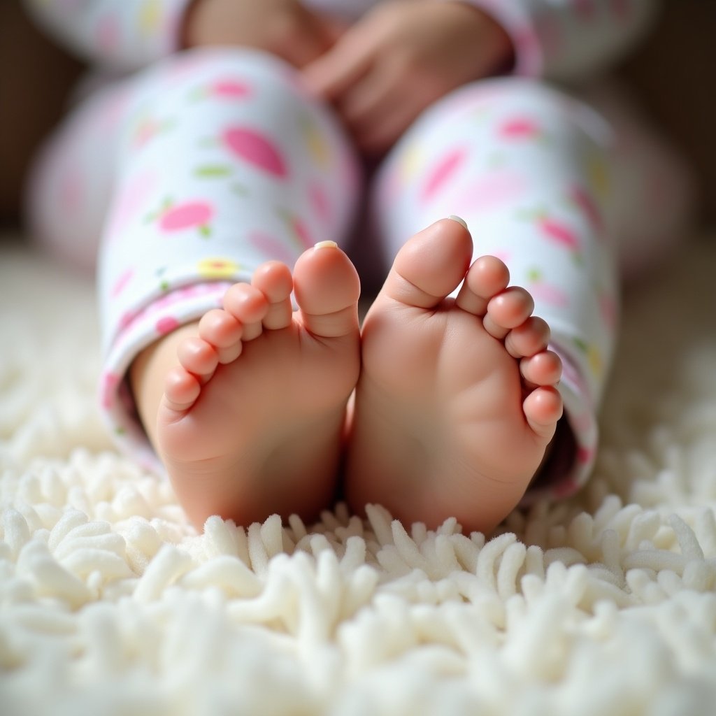 This image features the feet of a young girl, providing a close-up view of her small, delicate feet. The feet are resting on a plush, light-colored carpet, bringing a sense of comfort. Natural light bathes the scene, enhancing the tender details of her toes and light nail polish. She wears cozy floral-patterned pajamas that add a playful touch. A bunion is visible on one foot, subtly raising awareness about children's foot health. The composition evokes feelings of innocence and care that resonate with parents and caregivers.