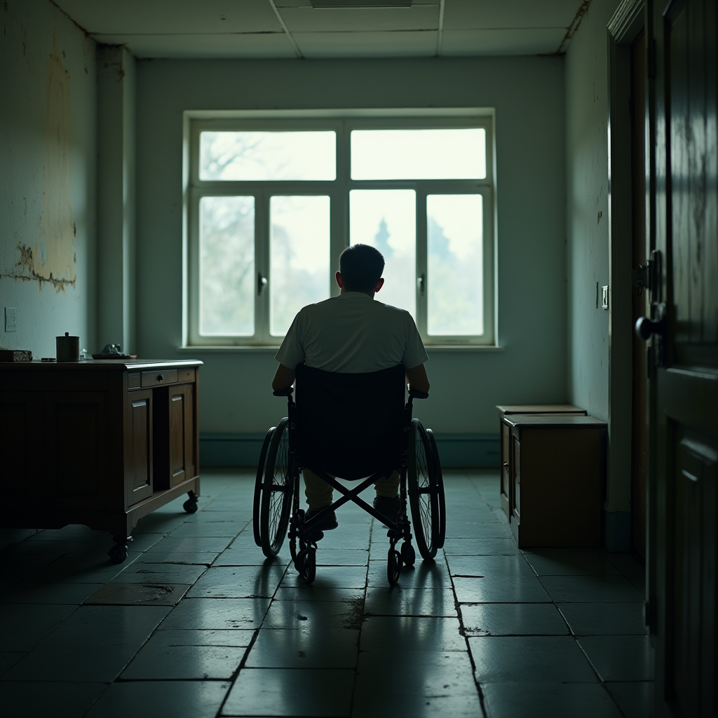 A person in a wheelchair sits alone, facing a window in a dimly lit room.