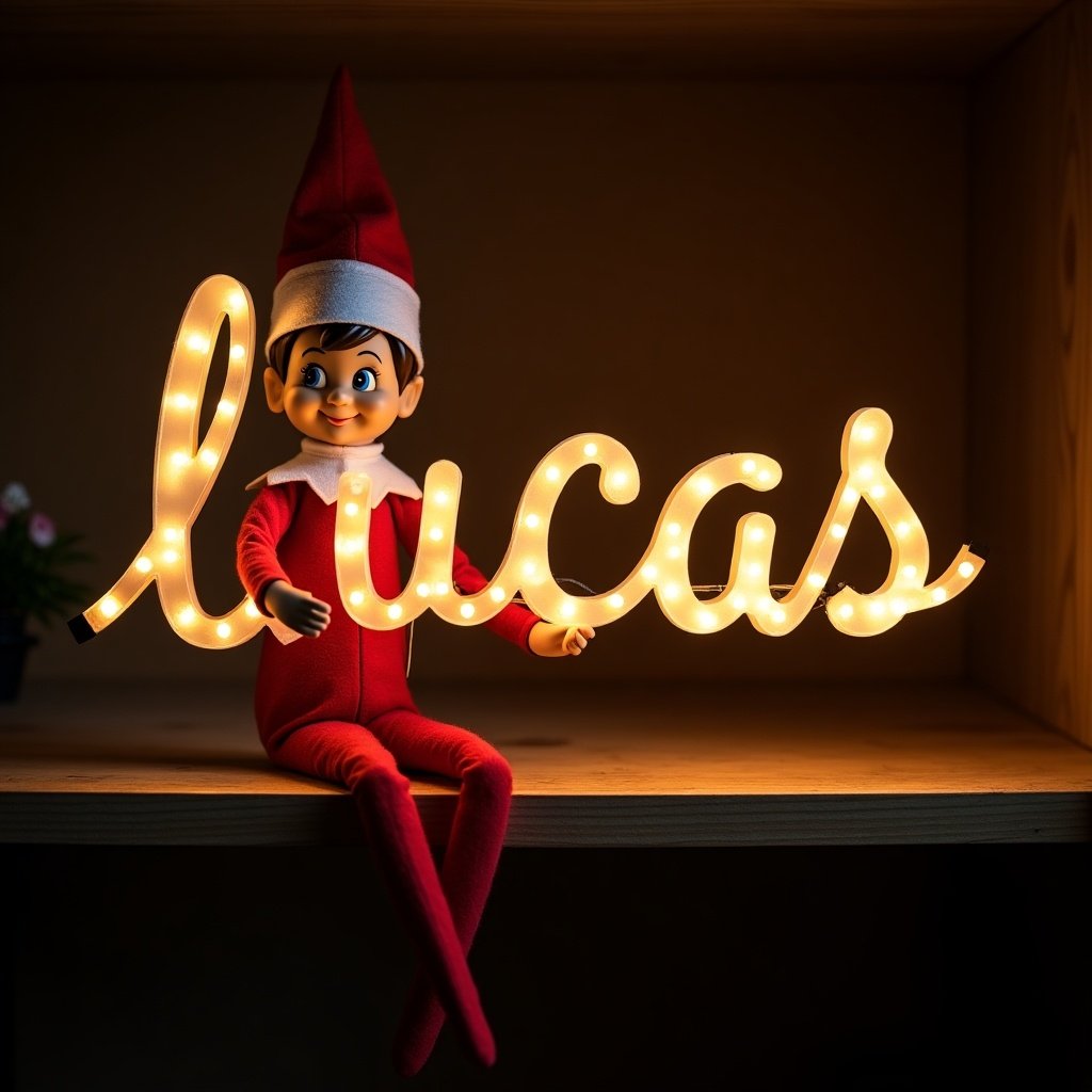 This image features a charming boy elf on the shelf. He is dressed in a traditional red and white outfit. The elf is holding a glowing stick that forms the name 'lucas' in bright, illuminated letters. The background is dark, which enhances the whimsical glow of the text. This festive scene beautifully captures the magic of Christmas and evokes feelings of warmth and happiness.