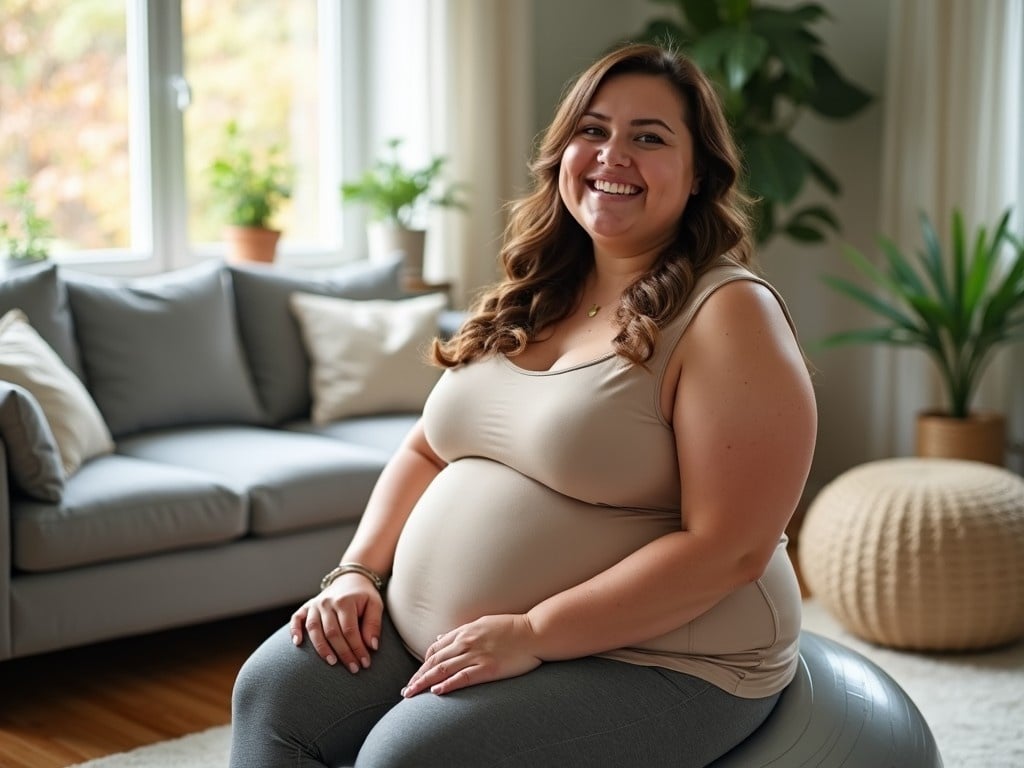 A cheerful overweight woman is sitting on a silver yoga ball. She has long, wavy hair and is wearing a fitted beige top and gray leggings. The background features a cozy living room with comfortable furniture and houseplants. Sunlight streams through the windows, creating a warm atmosphere. The woman has a friendly expression, adding to the relaxed vibe of the space.