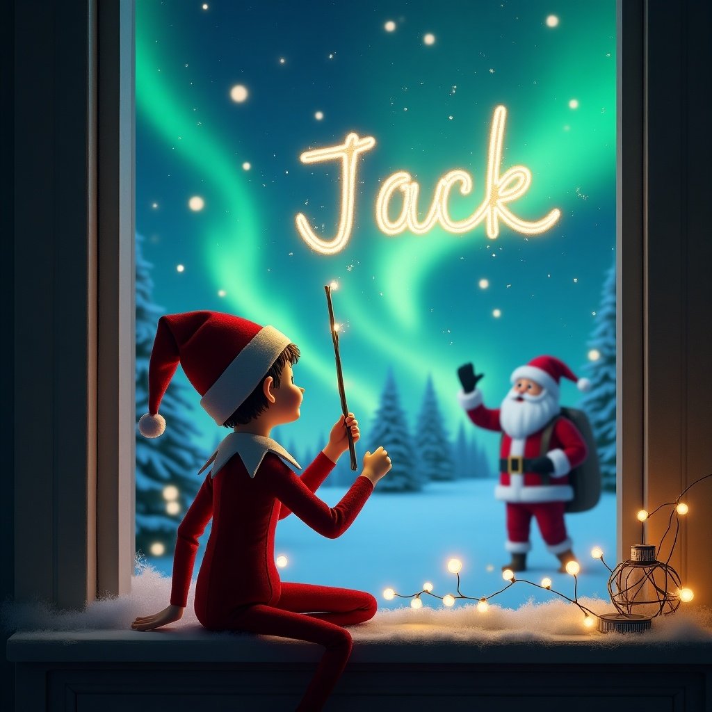 An animated scene of an elf on the shelf with his back to the viewer, sitting on a windowsill. The elf is using a wand to write the name 'Jack' in the night sky filled with magical northern lights. In the background, Santa Claus is visible in a snowy landscape, adding to the festive atmosphere. The room is cozy, decorated with Christmas lights. Snow gently falls outside the window, creating a serene winter wonderland.